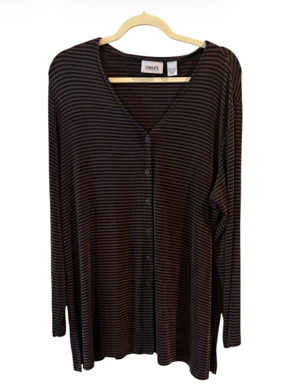 Chico’s Travelers Size 3 Brown & Black Striped Button Front Travel Knit Top